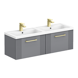 Roxbury Deco Fluted 1200mm Grey Double Basin Vanity Unit - Wall Hung 2 Drawer Unit with Brushed Brass Handles
