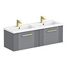 Roxbury Deco Fluted 1200mm Grey Double Basin Vanity Unit - Wall Hung 2 Drawer Unit with Brushed Brass Handles