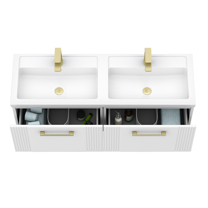 Roxbury Deco Fluted 1200mm White Double Basin Vanity Unit - 2 Drawer Unit with Brushed Brass Handles