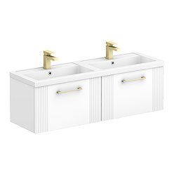 Roxbury Deco Fluted 1200mm White Double Basin Vanity Unit - 2 Drawer Unit with Brushed Brass Handles