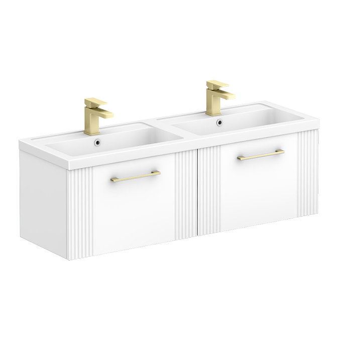Roxbury Deco Fluted 1200mm White Double Basin Vanity Unit - 2 Drawer Unit with Brushed Brass Handles