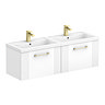 Roxbury Deco Fluted 1200mm White Double Basin Vanity Unit - 2 Drawer Unit with Brushed Brass Handles
