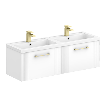 Roxbury Deco Fluted 1200mm White Double Basin Vanity Unit - 2 Drawer Unit with Brushed Brass Handles