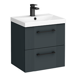 Roxbury Deco Fluted 500mm Anthracite Grey Vanity Unit - Wall Hung 2-Drawer Unit with Matt Black Handles