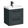 Roxbury Deco Fluted 500mm Anthracite Grey Vanity Unit - Wall Hung 2-Drawer Unit with Matt Black Handles