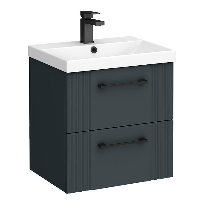 Roxbury Deco Fluted 500mm Anthracite Grey Vanity Unit - Wall Hung 2-Drawer Unit with Matt Black Handles