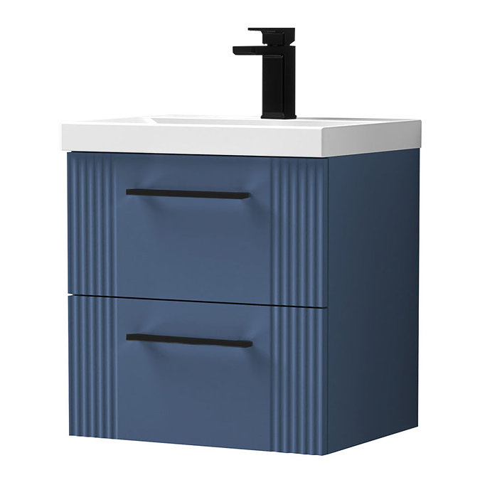 Roxbury Deco Fluted 500mm Blue Vanity Unit – Wall Hung 2-Drawer Unit with Thin-Edged Ceramic Basin and Matt Black Handles