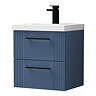 Roxbury Deco Fluted 500mm Blue Vanity Unit – Wall Hung 2-Drawer Unit with Thin-Edged Ceramic Basin and Matt Black Handles