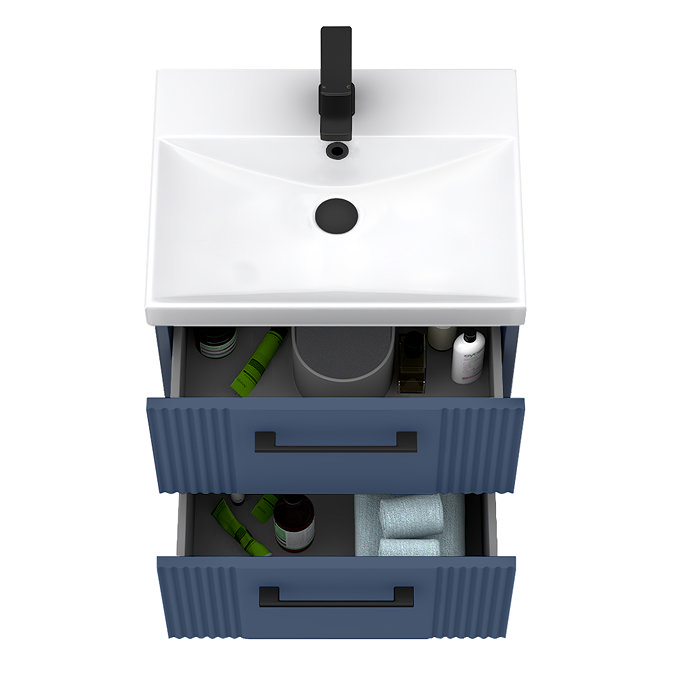 Roxbury Deco Fluted 500mm Blue Vanity Unit - Wall Hung 2-Drawer Unit with Matt Black Handles