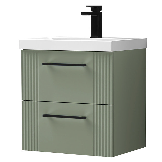Roxbury Deco Fluted 500mm Green Vanity Unit - Wall Hung 2-Drawer Unit with Matt Black Handles