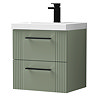 Roxbury Deco Fluted 500mm Green Vanity Unit - Wall Hung 2-Drawer Unit with Matt Black Handles