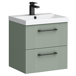 Roxbury Deco Fluted 500mm Green Vanity Unit - Wall Hung 2-Drawer Unit with Matt Black Handles