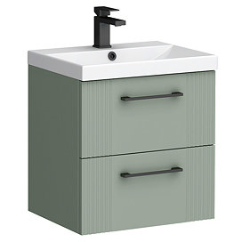 Roxbury Deco Fluted 500mm Green Vanity Unit - Wall Hung 2-Drawer Unit with Matt Black Handles