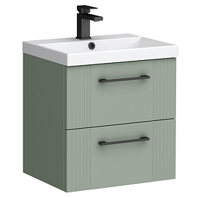 Roxbury Deco Fluted 500mm Green Vanity Unit - Wall Hung 2-Drawer Unit with Matt Black Handles
