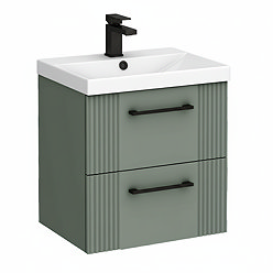 Roxbury Deco Fluted 500mm Green Vanity Unit - Wall Hung 2-Drawer Unit with Matt Black Handles