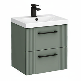 Roxbury Deco Fluted 500mm Green Vanity Unit - Wall Hung 2-Drawer Unit with Matt Black Handles