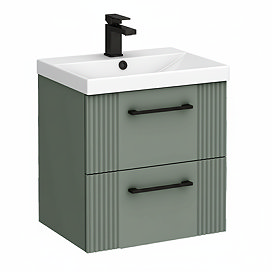 Roxbury Deco Fluted 500mm Green Vanity Unit - Wall Hung 2-Drawer Unit with Matt Black Handles