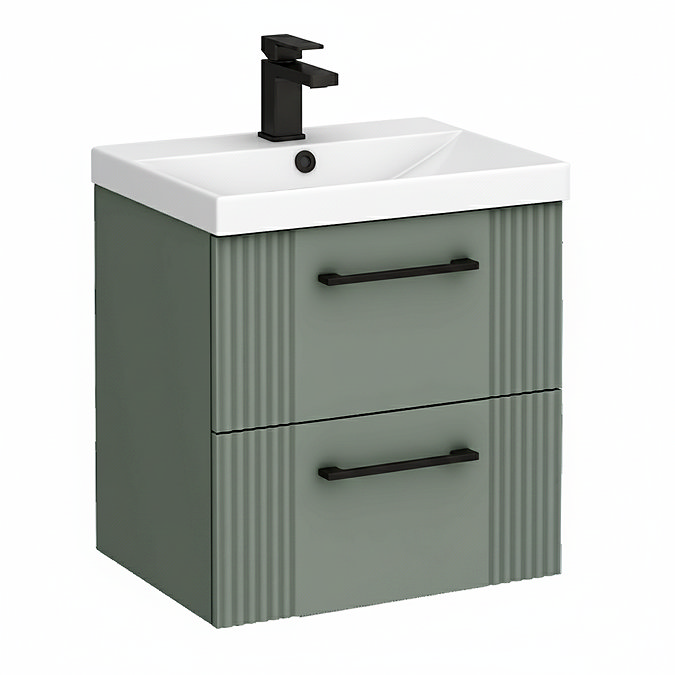 Roxbury Deco Fluted 500mm Green Vanity Unit - Wall Hung 2-Drawer Unit with Matt Black Handles