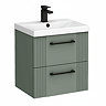 Roxbury Deco Fluted 500mm Green Vanity Unit - Wall Hung 2-Drawer Unit with Matt Black Handles