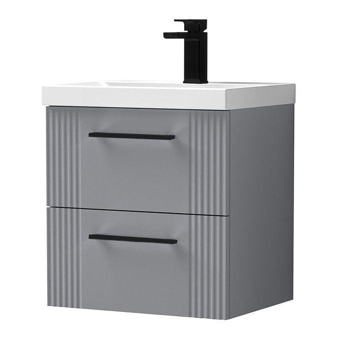 Roxbury Deco Fluted 500mm Grey Vanity Unit - Wall Hung 2-Drawer Unit with Matt Black Handles