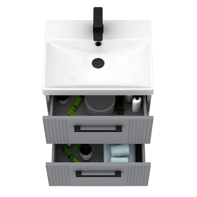 Roxbury Deco Fluted 500mm Grey Vanity Unit - Wall Hung 2-Drawer Unit with Matt Black Handles