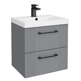 Roxbury Deco Fluted 500mm Grey Vanity Unit - Wall Hung 2-Drawer Unit with Matt Black Handles