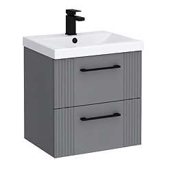 Roxbury Deco Fluted 500mm Grey Vanity Unit - Wall Hung 2-Drawer Unit with Matt Black Handles