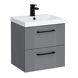 Roxbury Deco Fluted 500mm Grey Vanity Unit - Wall Hung 2-Drawer Unit with Matt Black Handles