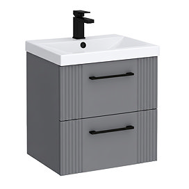 Roxbury Deco Fluted 500mm Grey Vanity Unit - Wall Hung 2-Drawer Unit with Matt Black Handles