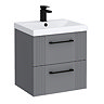 Roxbury Deco Fluted 500mm Grey Vanity Unit - Wall Hung 2-Drawer Unit with Matt Black Handles