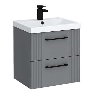 Roxbury Deco Fluted 500mm Grey Vanity Unit - Wall Hung 2-Drawer Unit with Matt Black Handles