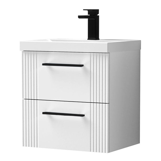 Roxbury Deco Fluted 500mm White Vanity Unit - Wall Hung 2 Drawer Unit & Matt Black Handles