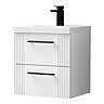 Roxbury Deco Fluted 500mm White Vanity Unit - Wall Hung 2 Drawer Unit & Matt Black Handles