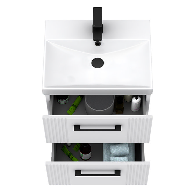Roxbury Deco Fluted 500mm White Vanity Unit - Wall Hung 2 Drawer Unit & Matt Black Handles