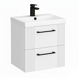 Roxbury Deco Fluted 500mm White Vanity Unit - Wall Hung 2 Drawer Unit & Matt Black Handles