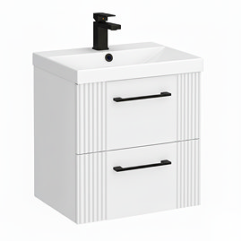 Roxbury Deco Fluted 500mm White Vanity Unit - Wall Hung 2 Drawer Unit & Matt Black Handles