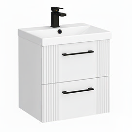 Roxbury Deco Fluted 500mm White Vanity Unit - Wall Hung 2 Drawer Unit & Matt Black Handles