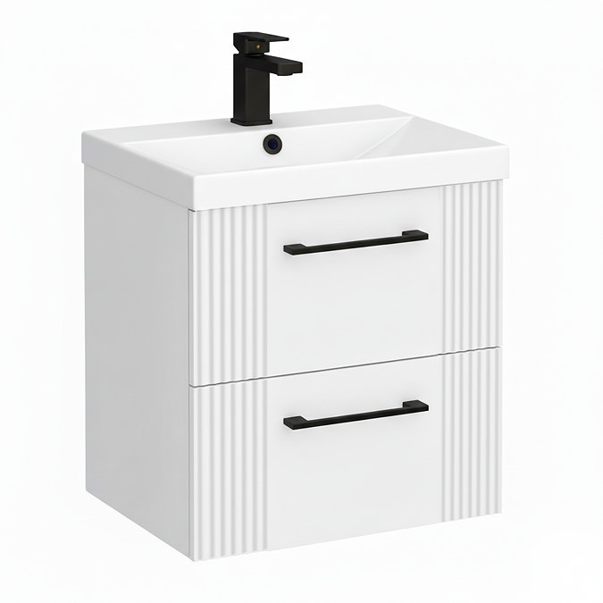 Roxbury Deco Fluted 500mm White Vanity Unit - Wall Hung 2 Drawer Unit & Matt Black Handles
