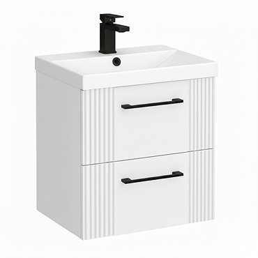 Roxbury Deco Fluted 500mm White Vanity Unit - Wall Hung 2 Drawer Unit & Matt Black Handles