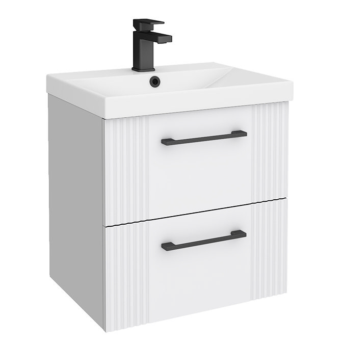 Roxbury Deco Fluted 500mm White Vanity Unit - Wall Hung 2 Drawer Unit & Matt Black Handles
