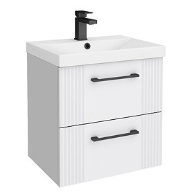 Roxbury Deco Fluted 500mm White Vanity Unit - Wall Hung 2 Drawer Unit & Matt Black Handles