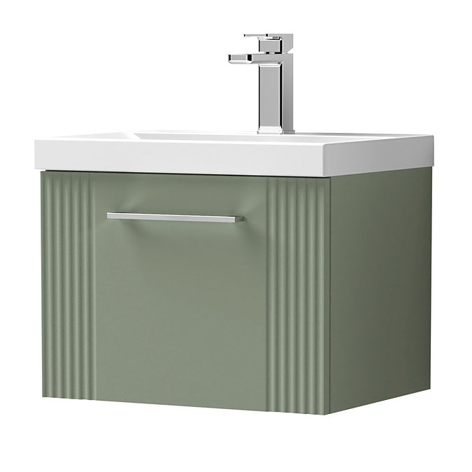 Roxbury Deco Fluted 500mm Green Vanity Unit - Wall Hung Single Drawer Unit with Chrome Handle