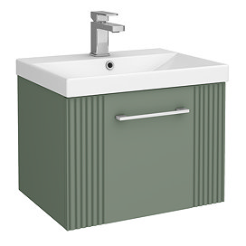 Roxbury Deco Fluted 500mm Green Vanity Unit - Wall Hung Single Drawer Unit with Chrome Handle