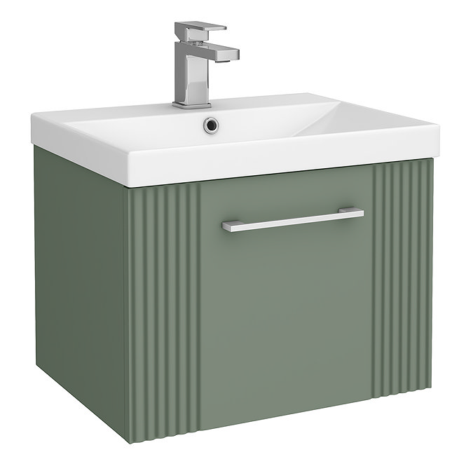 Roxbury Deco Fluted 500mm Green Vanity Unit - Wall Hung Single Drawer Unit with Chrome Handle