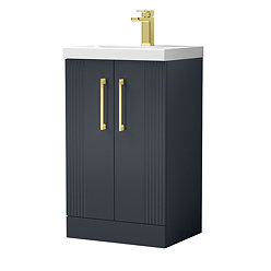 Roxbury Deco Fluted 500mm Anthracite Grey Vanity Unit - Floor Standing 2 Door Unit With Brushed Brass Handles