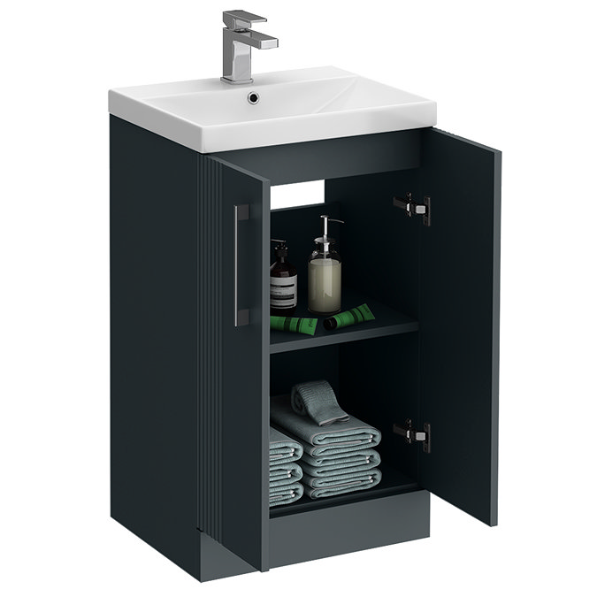 Roxbury Deco Fluted 500mm Anthracite Grey Vanity Unit - Floor Standing 2 Door Unit with Thin-Edged Ceramic Basin and Chrome Handles