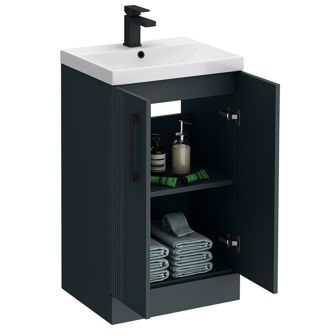 Roxbury Deco Fluted 500mm Anthracite Grey Vanity Unit - Floor Standing 2 Door Unit With Matt Black Handles