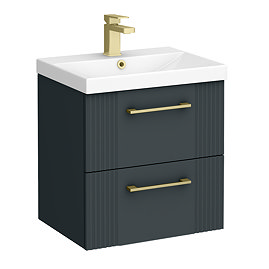 Roxbury Deco Fluted 500mm Anthracite Grey Vanity Unit - Wall Hung 2-Drawer Unit with Brushed Brass Handles