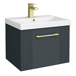 Roxbury Deco Fluted 500mm Anthracite Grey Vanity Unit - Wall Hung 1-Drawer Unit with Brushed Brass Handle