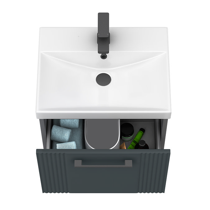 Roxbury Deco Fluted 500mm Anthracite Grey Vanity Unit - Wall Hung Single Drawer Unit with Matt Black Handle